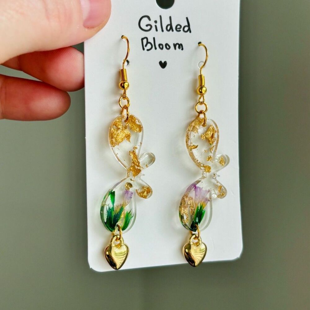 Butterfly Resin Dangle Earrings with Real Flowers, Gold Flakes and Heart Charms